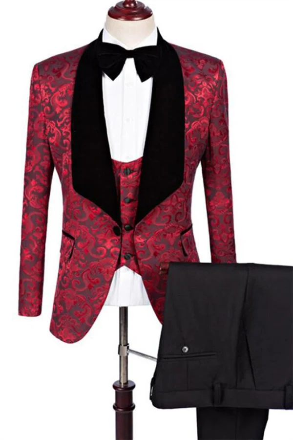 Ruby Flower Jacquard Slim Fit Pattern Prom Business Formal Suits Three Pieces