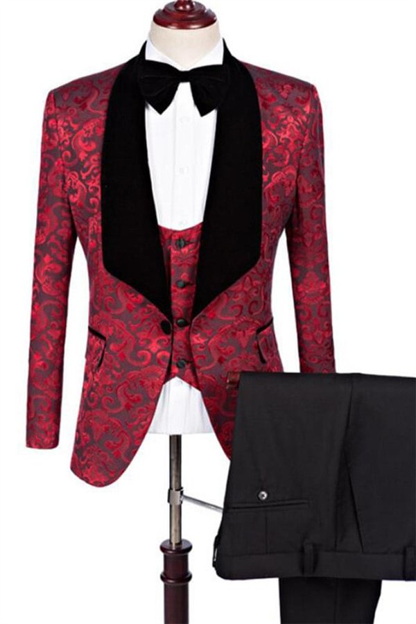 Jacquard Three Pieces Ruby Flower Slim Fit Pattern Prom Business Formal Suits | Ballbellas Ballbellas