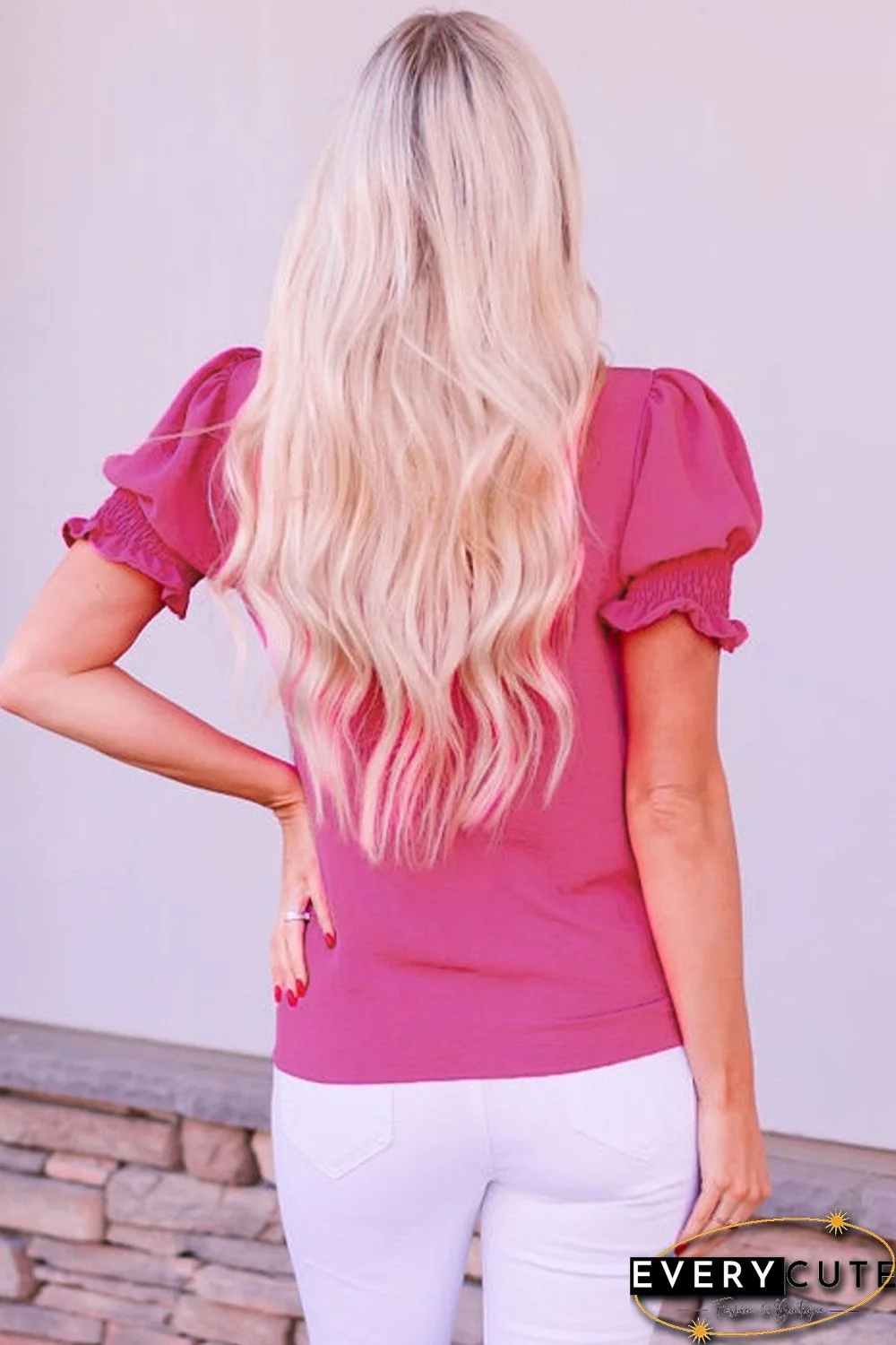 Rose Solid Color Smocked Puff Sleeve Blouse