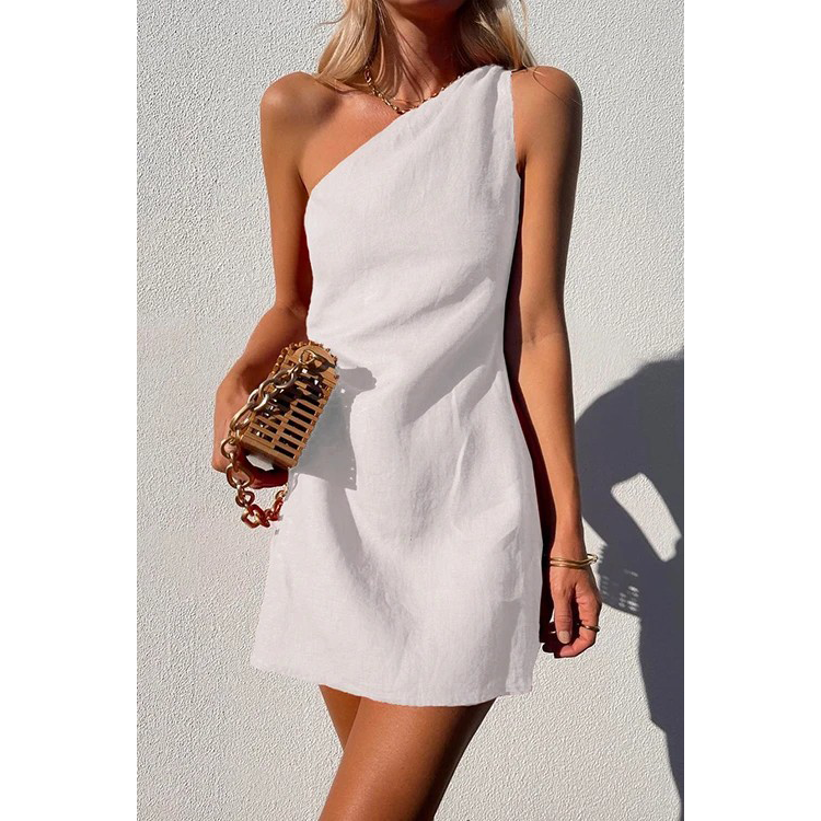 One Shoulder Cotton Linen Mini Dress
