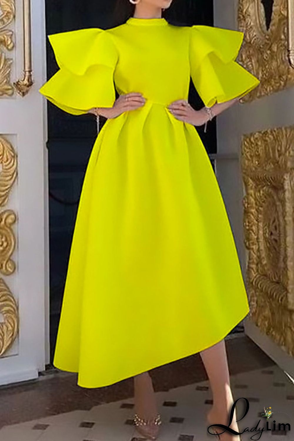 White Casual Elegant Solid Patchwork Flounce Half A Turtleneck Evening Dress Dresses