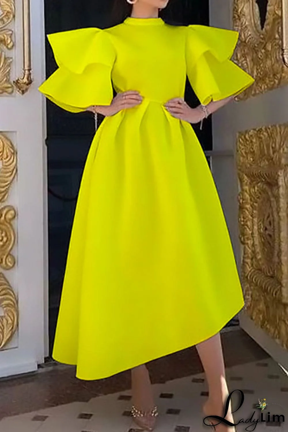 White Casual Elegant Solid Patchwork Flounce Half A Turtleneck Evening Dress Dresses