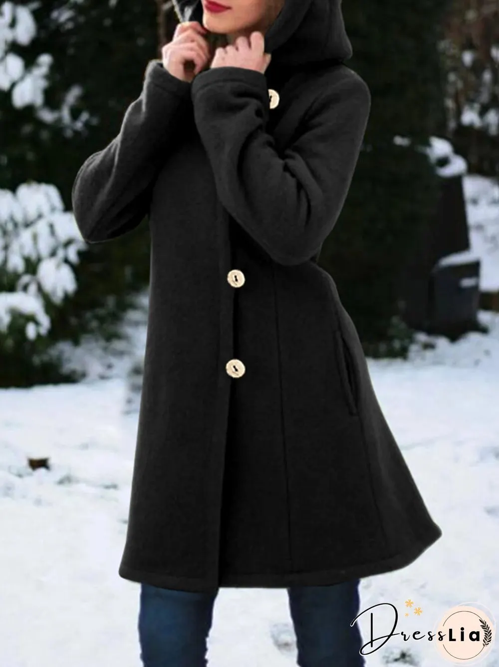 Solid Color Long Sleeves Hooded Warm Coat With Pocket For Women
