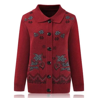 Women Knit Sweater Cardigan Jacket New Middle-aged Clothes Autumn Coat Lapel Single-breasted Long sleeve Sweater Female Tops 889