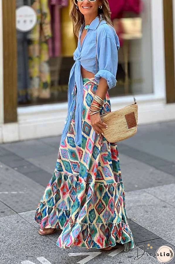 Ethnic Print Drawstring Elastic Waist Maxi Skirt