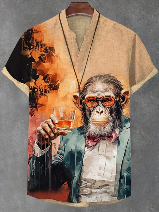 Men's Funny Monkey Gentleman Whiskey Oil Painting Print V Neck T-Shirt