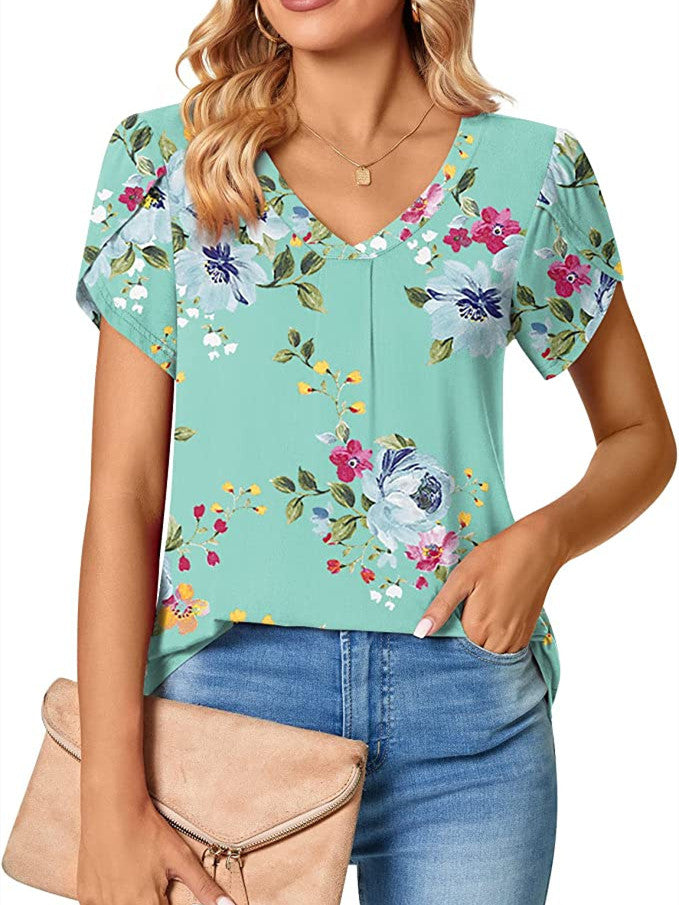 Women's Short-sleeved V-neck Geometric Flower Print Casual Top