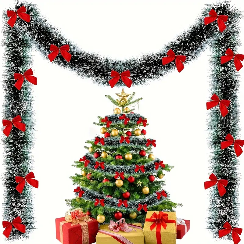 Tegooe Classic Christmas Tinsel Garland and Red Bow Set - Festive Tree Hanging Decorations