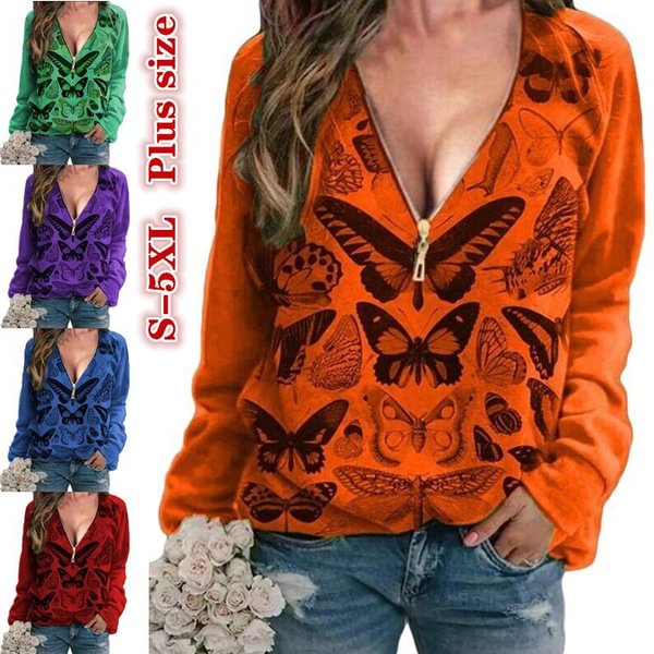 Women's Fashion Printed V-neck Long Sleeve Shirts Casual Zipper Turn-down Collar Tunic Tops Ladies Daily Spring Autumn Plus Size Blouses Loose Pullover T-shirts - BlackFridayBuys