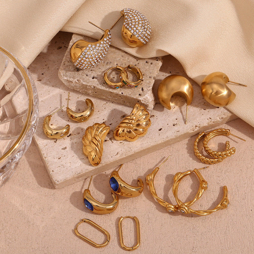 Fashion Niche Simple Retro Earrings Stainless Steel Plated 18K Gold Casting Micro-Inlaid Wave Earrings For Women