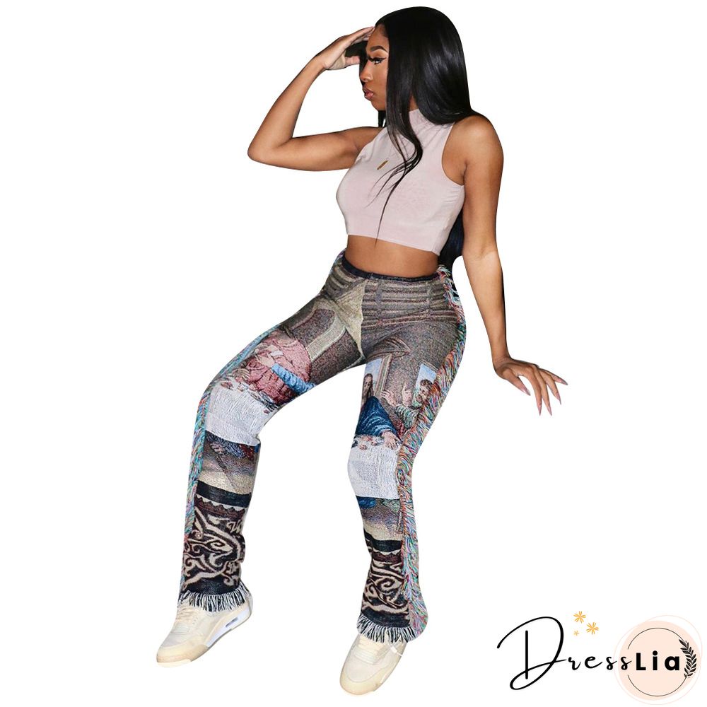 Side Tassels Patchwork Elastic Waist Women Print Jogger Pant