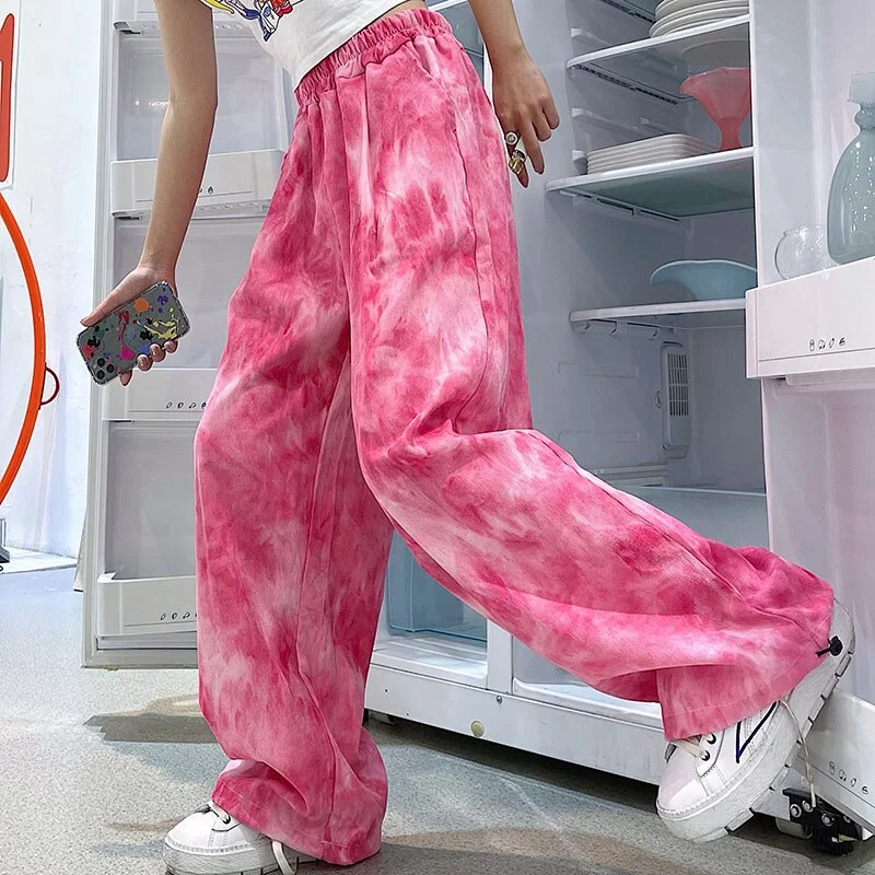 Women's pants Wide leg trousers summer casual high waist cargo pants y2k trouser suits harajuku street pink Tie dye Straight