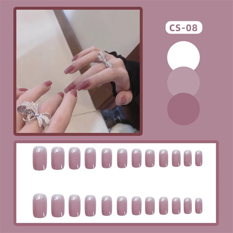 Girls Candy Pink Color False Nails Women Nature Nude Jelly Fake Nail Short Round Head Full Cover Nail Art Tips With Glue 24pcs-Nail Inspo