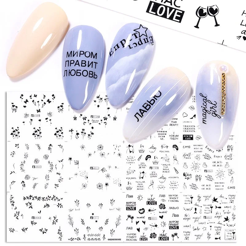12 Designs Nail Stickers Set Mixed Floral Geometric Nail Art Water Transfer Decals Sliders Flower Leaves Manicures Decoration-Nail Inspo