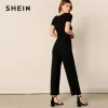 SHEIN Black Elegant Rib-Knit Square Neck Belted Palazzo Leg Solid Jumpsuit Women Spring Workwear Office Lady Wide Leg Jumpsuits