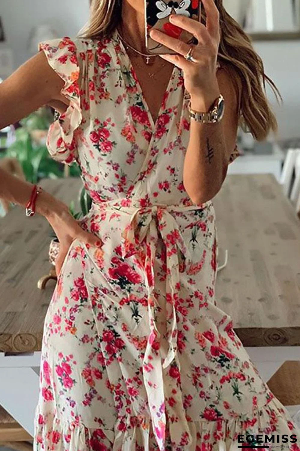 Bohemian Floral Print Cross Front V-neck Ruffled Maxi Dress | EGEMISS