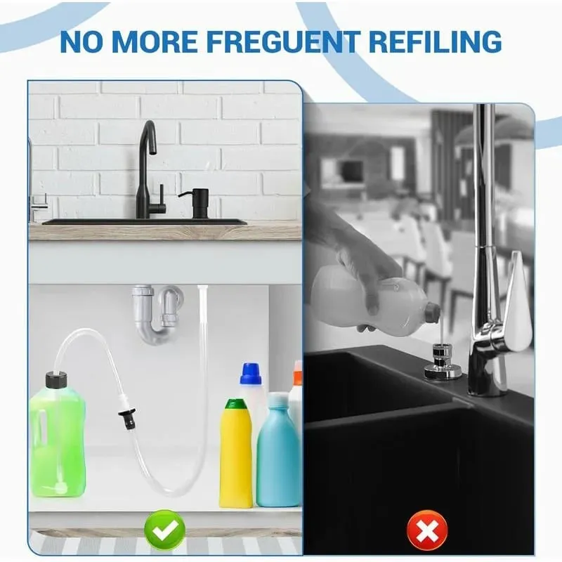 Soap dispenser extension tube connects to larger detergent bottle under sink