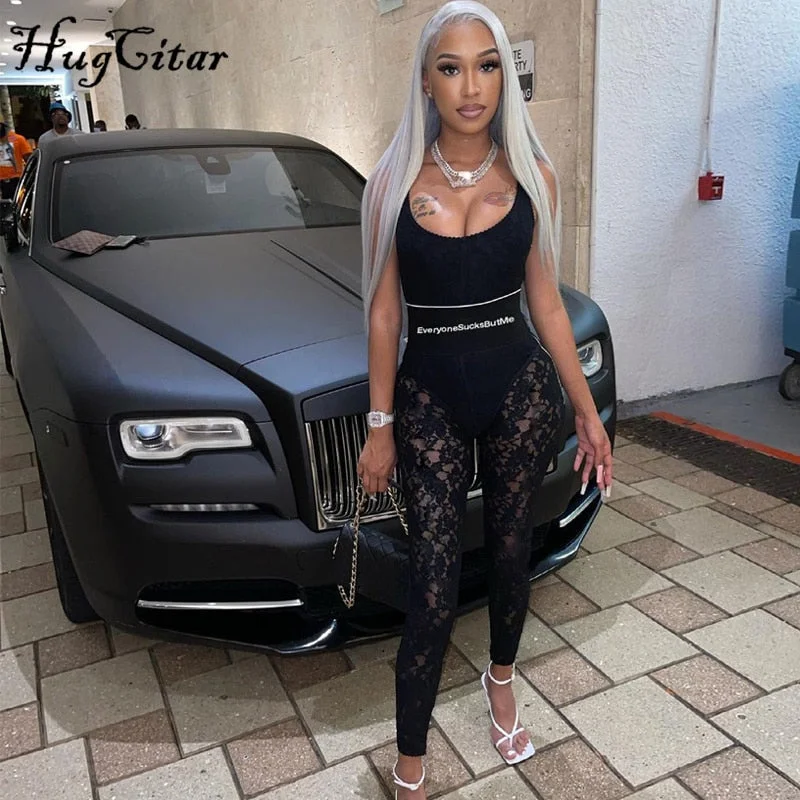 Hugcitar 2021 High Waist See-Through Zip Up Bodycon Sleeveless Pencil Jumpsuit Summer Women Fashion Streetwear Casual Club Y2K