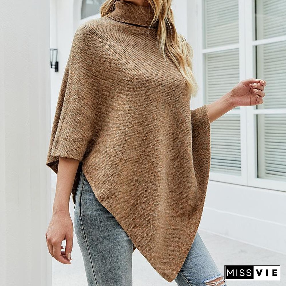 High Neck Plain Button Embellished Sweater Shawl
