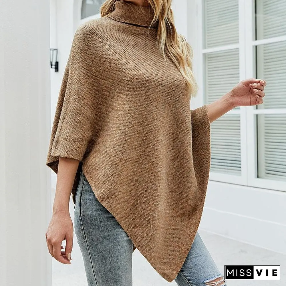 High Neck Plain Button Embellished Sweater Shawl