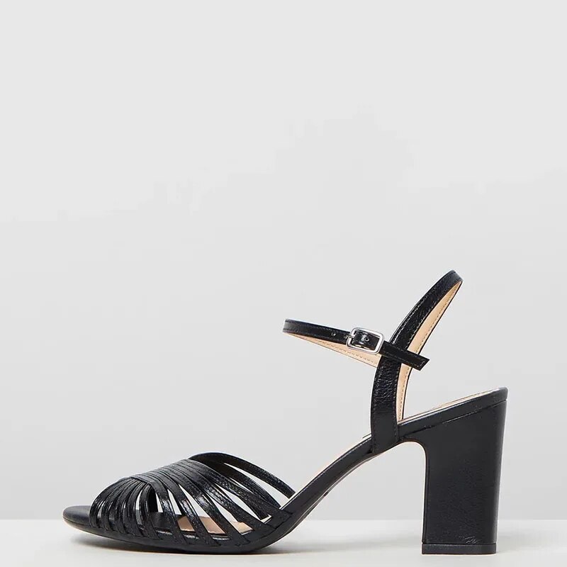 TAAFO Black Women Sandals High Chunky Heels Narrow Band Buckle Strap Ladies Shoes