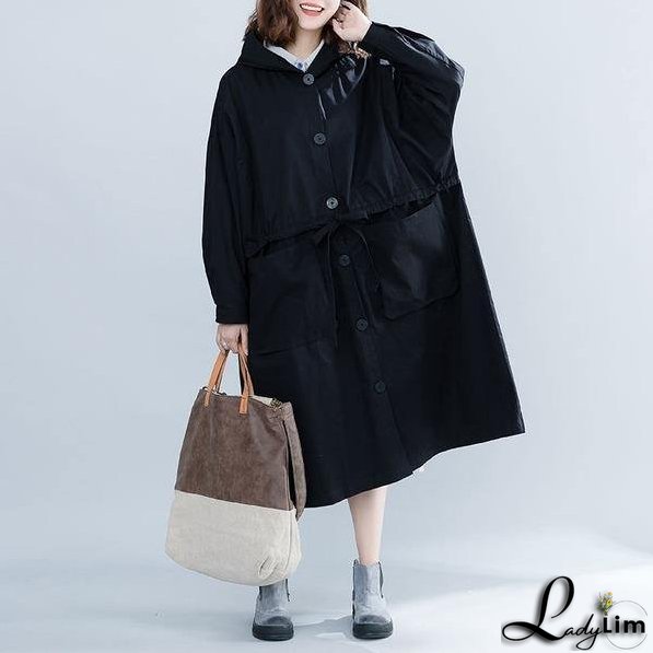 Black Casual Trench For Women Bandage Coats Hooded Button Pockets Loose Women Cloths