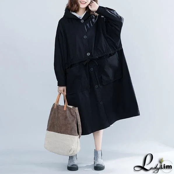 Black Casual Trench For Women Bandage Coats Hooded Button Pockets Loose Women Cloths