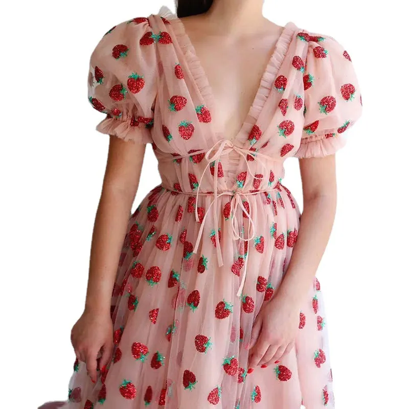 Women's Pink Strawberry Embroidery Tulle Dress