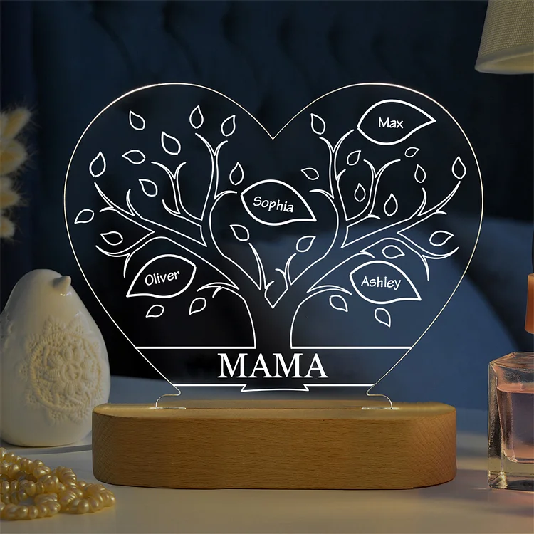 Personalisierte 4 Namen & Text Herz Familienbaum Familie Nachtlicht Geschenk für Großmutter/Mutter zum Muttertag