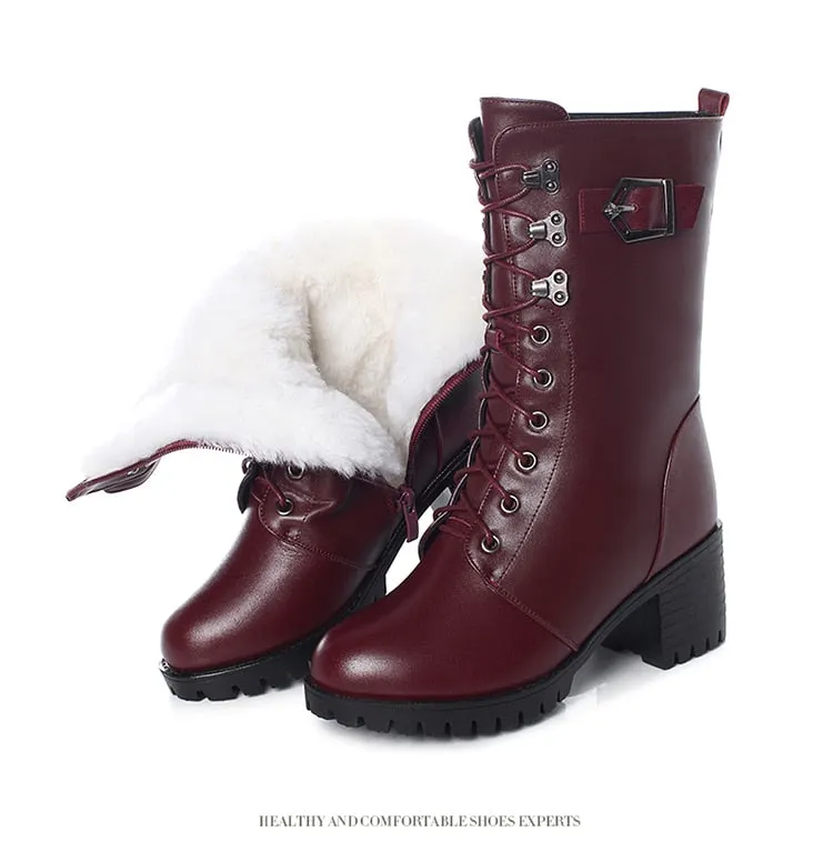 GKTINOO Boots Women Genuine Leather High-heeled Large Size Motorcycle Boots Women New Wool Warm Winter Boots for Women