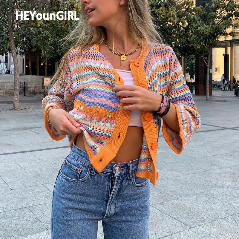 HEYounGIRL Rainbow Striped Casual Knitted Cropped Cardigan Y2K Vintage Fashion Long Sleeve Sweater Women Autumn Jumpers Ladies