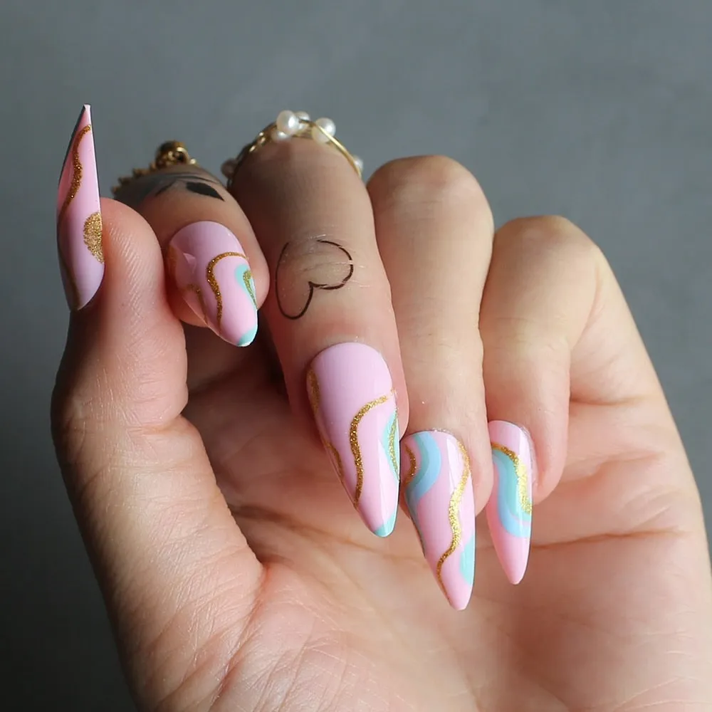 Yellow Pink with Nude Swirl False nails Stiletto Stick on nails Almond French Abstract Pastel Fake nails-Nail Inspo