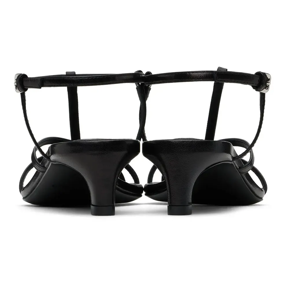 Women's Vegan Leather Open Toe T-Strap Black Heels Sandals