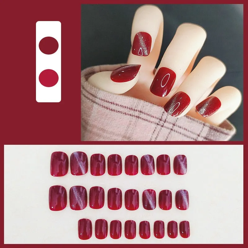 24pcs/Set Gorgeous Wine Red False Nails With Glue Middle Long Round Head Full Nail Tips Finished Fake Nail artificial nails-Nail Inspo