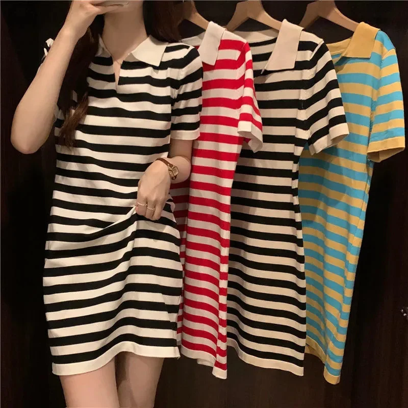 Uveng Uveng Version Of Temperament Striped T-Shirt Dress Retro POLO Received Waist-Skinny Straight Dress Summer Dress Girl