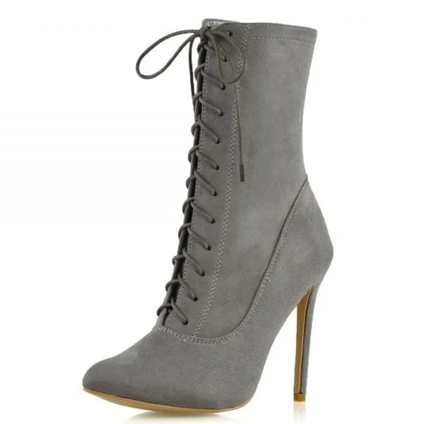 Grey Vegan Suede Lace Up Boots Stiletto Heel Ankle Boots |FSJ Shoes