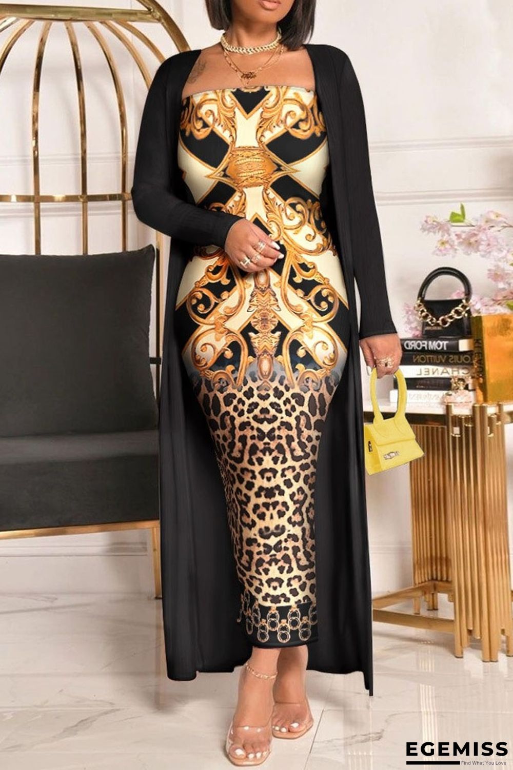 Black Fashion Celebrities Print Patchwork Strapless Long Sleeve Two Pieces | EGEMISS