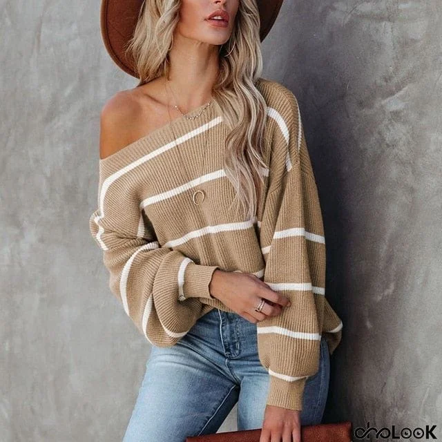 Boho Chic Striped Knit Off Shoulder Sweater