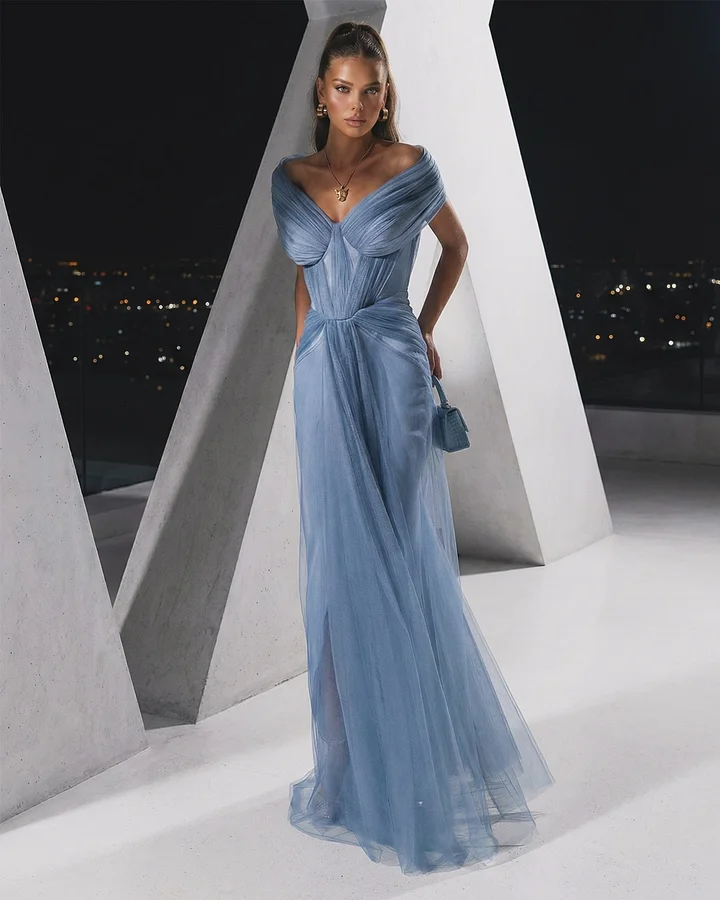 Lussooy Flowing Dusty Blue Off-The-Shoulder Long Tulle Evening Dress