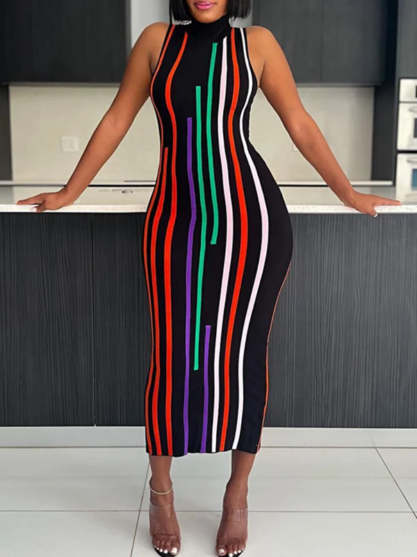 Bodycon High Waisted Contrast Color Printed High Neck Midi Dresses