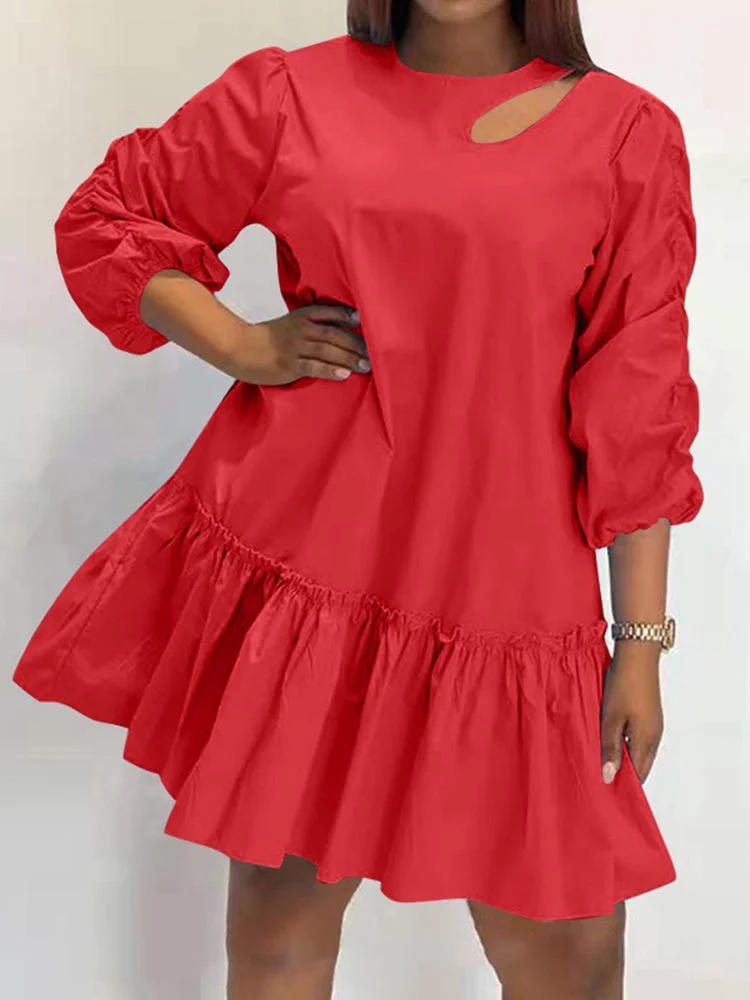Plus size round neck long sleeve women's dress SKUH71706 QueenFunky