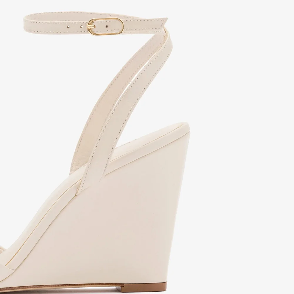 Ivory Open Round Toe Buckled Ankle Strap Wedge Sandals for Women