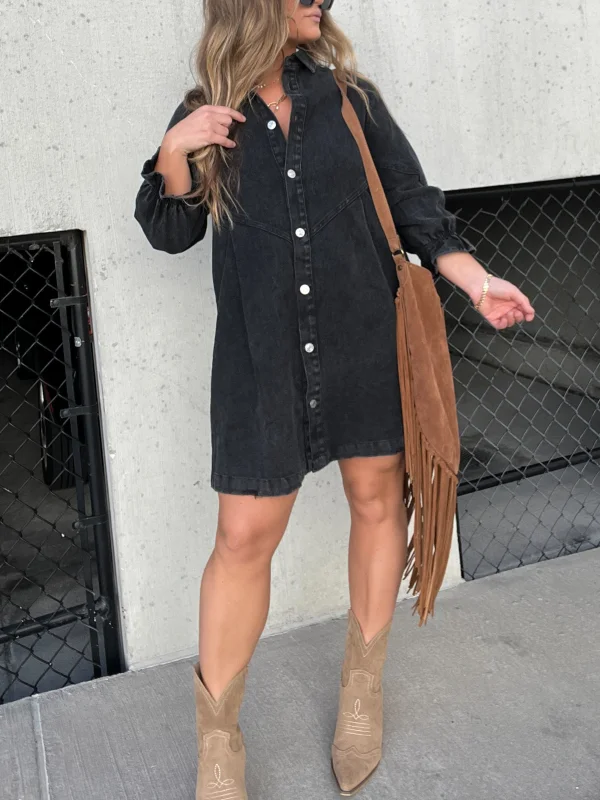 Long Sleeve Black Downtown Denim Shirt Dress