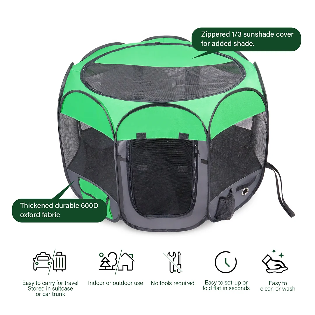 Upgraded Pet Dog Playpen for Small/Medium/Large Dogs Indoor/Outdoor, 600D Oxford Fabric Green Portable Cat Playpen Enclosed with Removable Zipper Top and Bottom（M）