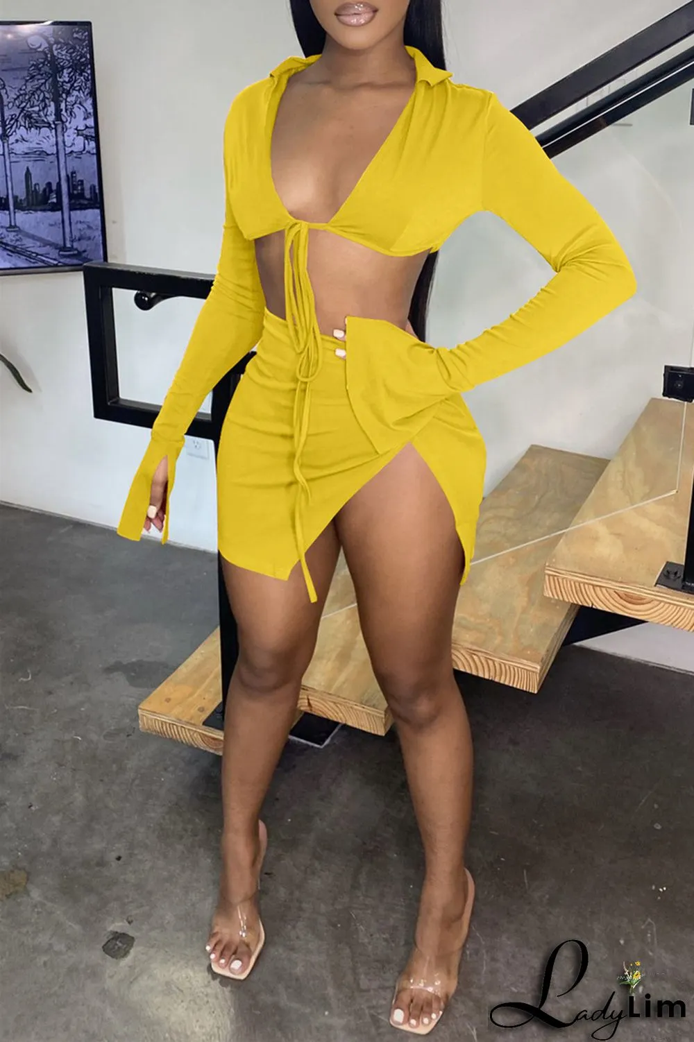 Yellow Fashion Sexy Solid Bandage Slit V Neck Long Sleeve Two Pieces