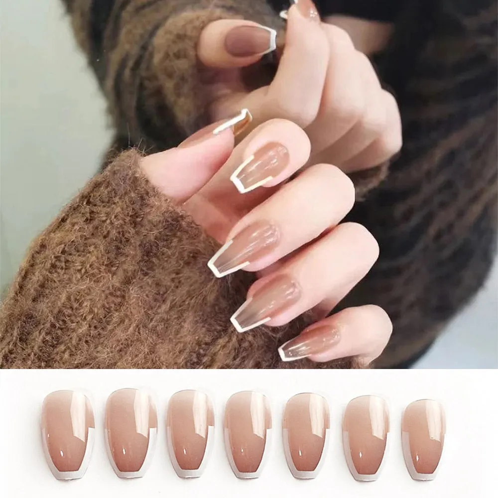 24pcs Detachable False Nails French with Black Line Fake Nails Full Cover Nail Art Tips Press on Nails with Glue Manicure Tools 515-1-Nail Inspo