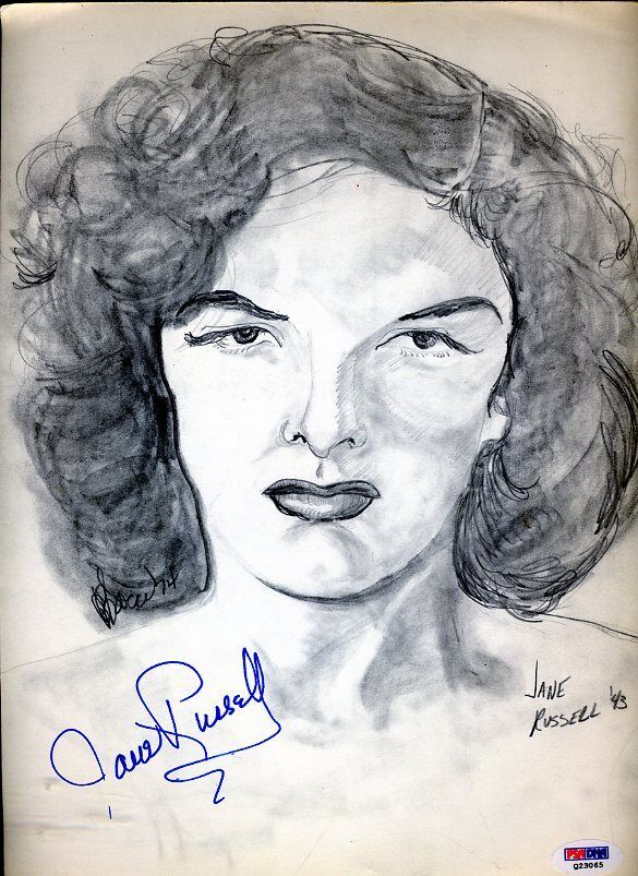 Jane Russell Signed Psa/dna 9x14 Original Pen Pencil Drawing Autograph