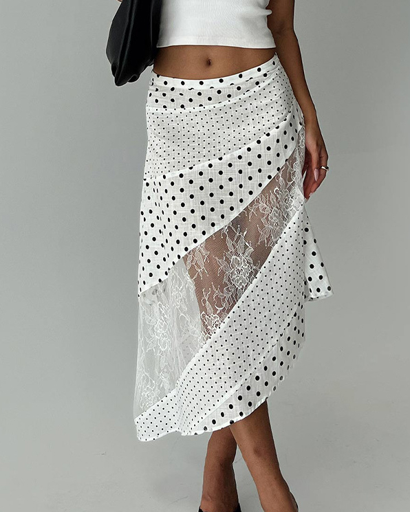Polka Dot Asymmetric Patchwork Lace Midi Skirt