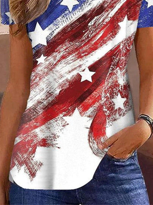 Women's Graphic Printed Hollow Short Sleeve V-neck Top