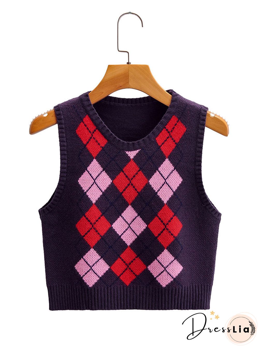 Checkered Cropped Knitted Tank Argyle Sleeveless Jumper